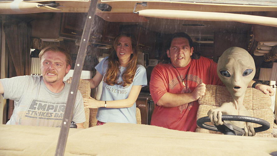Simon Pegg as Graeme, Kristen Wiig as Ruth Buggs, Nick Frost as Clive and Paul voiced by Seth Rogen in