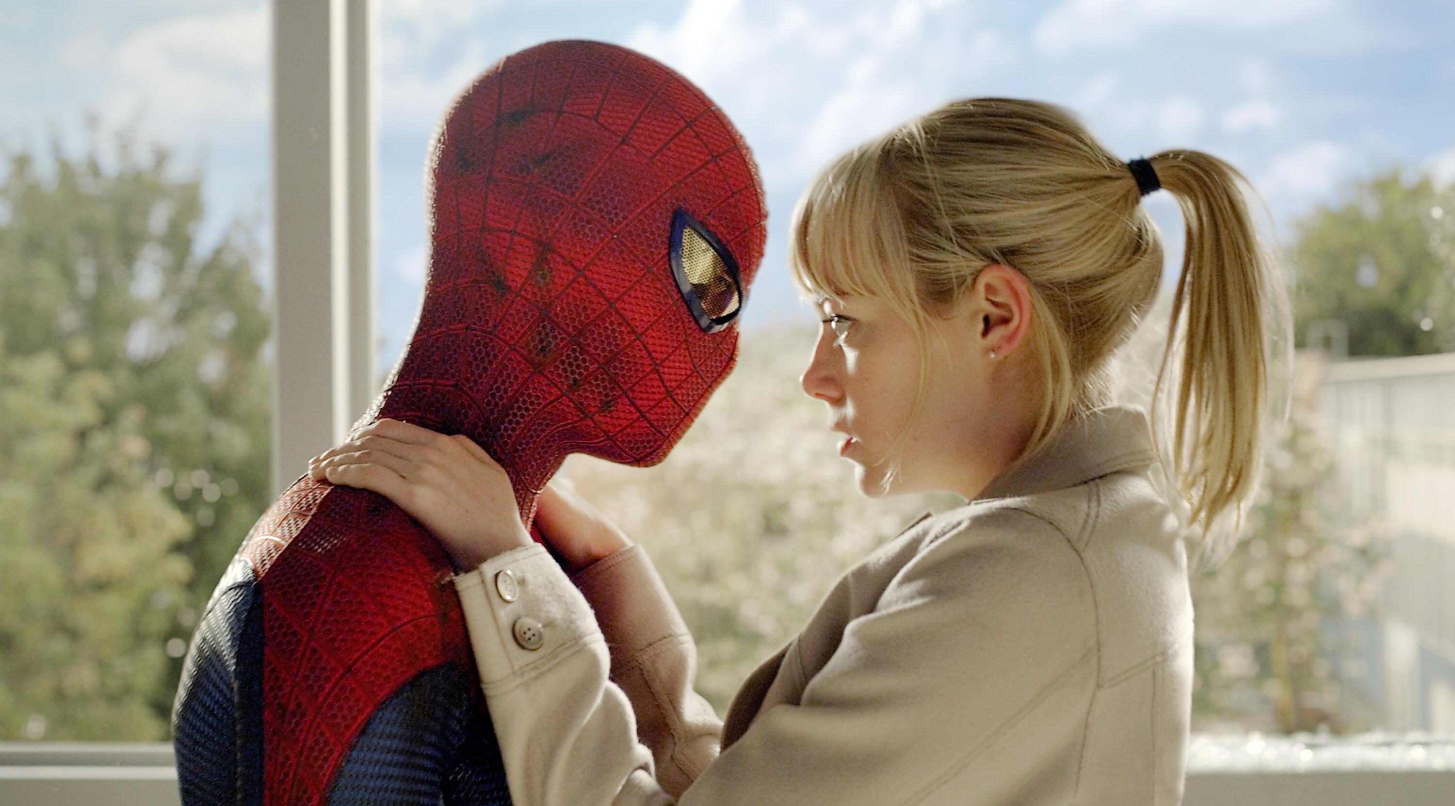Spider-Man (Andrew Garfield) left and Gwen Stacy (Emma Stone) in "The Amazing Spider-Man" (2012)