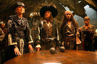 Keira Knightley, Geoffrey Rush, Johnny Depp and Mackenzie Crook in "Pirates of the Caribbean: At World's End."