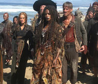 Keira Knightley, Geoffrey Rush, Naomie Harris and Mackenzie Crook in "Pirates of the Caribbean: At World's End."