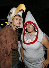 Two people wear eagle and shark costumes at the after party for the N.Y. premiere of "Eagle vs. Shark."