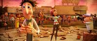 Flint Lockwood voiced by Bill Hader, Sam Sparks voiced by Anna Faris and Manny voiced by Benjamin Bratt in "Cloudy With A Chance Of Meatballs."