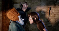 Johnnystein voiced by Andy Samberg, Dracula voiced by Adam Sandler and Mavis voiced by Selena Gomez in "Hotel Transylvania."