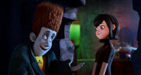 Johnnystein voiced by Andy Samberg and Mavis voiced by Selena Gomez in "Hotel Transylvania."