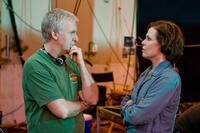 James Cameron and Sigourney Weaver on the set of "Avatar."