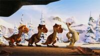 Sid and Three dinosaurs in "Ice Age: Dawn of the Dinosaurs."