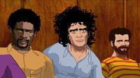 Animated shots of the defendants of the 1968 Conspiracy Trial Bobby Seale, Abbie Hoffman and Jerry Rubin in "Chicago 10."