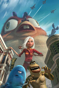 Susan (Reese Witherspoon), toothy Insectosaurus, Dr. Cockroach, Missing Link and B.O.B. from "Monsters vs. Aliens."