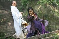 Jet Li as Silent Monk and Crystal Liu as Golden Sparrow in "The Forbidden Kingdom."