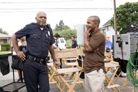 Samuel L. Jackson and Producer James Lassiter on the set of "Lakeview Terrace."