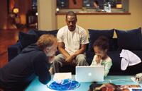 Director Karey Kirkpatrick, Eddie Murphy and Yara Shahidi on the set of "Imagine That."