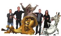 Directors Eric Darnell and Tom Mcgrath; Alex the lion (seated, as voiced by Ben Stiller); Gloria the hippo (standing, as voiced by Jada Pinkett Smith); Producers Mark Swift and Mireille Soria; and Marty the zebra (as voiced by Chris Rock) in "Madagascar: Escape 2 Africa."