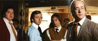 Oliver Platt as Bob Zelnick, Michael Sheen as David Frost, Sam Rockwell as James Reston, Jr. and Matthew Macfadyen as John Birt in "Frost/Nixon."