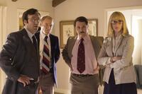 Gabriel Jarret as Ken Khachigian, Jim Meskimen as Ray Price, Andy Milder as Frank Gannon and Kate Jennings Grant as Diane Sawyer in "Frost/Nixon."