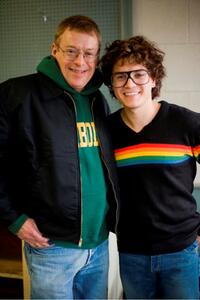 Real-life gay rights activist Cleve Jones and Emile Hirsch on the set of "Milk."