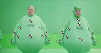 Dodo Progression 1 of 6: Matt Lucas (left) -- who portrays both Tweedledum and Tweedledee -- is first photographed in green screen wearing the "Tweedle suit," along with this double (right).