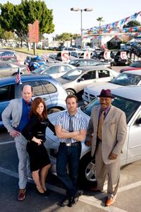 David Koechner as Brent Gage, Kathryn Hahn as Babs Marrett, Jeremy Piven as Don Ready, and Ving Rhames as Jibby Newsome in "The Goods: The Don Ready Story."