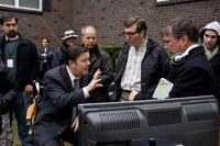 Co-Director/Co-Writer Ricky Gervais, Co-Director/Co-Writer Matthew Robinson and Script Supervisor Scott Peterson on the set of "The Invention of Lying."