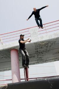 Director Mark Neveldine and Jason Statham on the set of "Crank High Voltage."