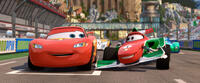 Lightning McQueen voiced by Owen Wilson and Francesco Bernoulli voiced by John Turturro in "Cars 2."