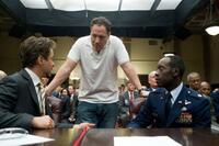 Robert Downey Jr. , Jon Favreau and Don Cheadle on the set of "Iron Man 2."