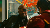 Samuel L. Jackson as Nick Fury and Robert Downey, Jr. as Tony Stark in "Iron Man 2."