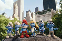 Clumsy Smurf, Grouchy Smurf, Papa Smurf, Smurfette Smurf, Gutsy Smurf and Brainy Smurf in ``The Smurfs.''