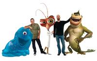 Seth Rogen, Director Rob Letterman, Hugh Laurie, Director Conrad Vernon and Will Arnett on the set of "Monsters vs. Aliens 3D."