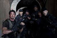 Sylvester Stallone as Barney Ross, Jet Li as Yin Yang, Randy Couture as Toll Road, Terry Crews as Hale Caesar and Jason Statham as Lee Christmas in "The Expendables."