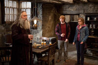 Ciaran Hinds as Aberforth Dumbledore, Rupert Grint as Ron Weasley and Emma Watson as Hermione Granger in "Harry Potter and The Deathly Hallows: Part 2."