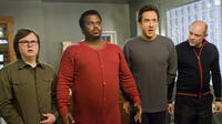 Craig Robinson as Nick, Clark Duke as Jacob, Rob Corddry as Lou and John Cusack as Adam in "Hot Tub Time Machine."