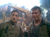 Adrien Brody and Oleg Taktarov on the set of "Predators."