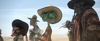 Priscilla voiced by Abigail Breslin, Rango voiced by Johnny Depp and Wounded Bird voiced by Gil Birminghama in "Rango."
