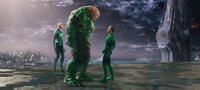 Tomar-re voiced by Geoffrey Rush, Kilowog voiced by Michael Clarke Duncan and Ryan Reynolds as Green Lantern in "Green Lantern."