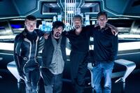 Garrett Hedlund, Steve Lisberger, Jeff Bridges and Joseph Kosinski on the set of "Tron: Legacy."