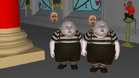 Tweedles Progression 4 of 6: The Tweedles and monkeys are placed in the layout of the Red Queen's throne room.