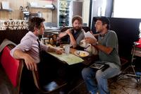Robert Downey Jr., Zach Galifianakis and director/producer Todd Phillips on the set of "Due Date."