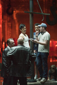 John Hoogenakker, Yasen Peyankov, John Cho, Kal Penn and director Todd Strauss-schulson on the set of "A Very Harold & Kumar Christmas."