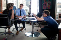 Mila Kunis, Justin Timberlake and Director Will Gluck on the set "Friends With Benefits."