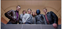 Michael Fassbender as Erik, Caleb Landry Jones as Banshee, James McAvoy as Charles, Rose Byrne as Moira, Jennifer Lawrence as Raven and Lucas Till as Havok in "X-Men: First Class."