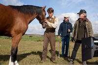 Joey, Jeremy Irvine and director Steven Spielberg on the set of "War Horse."