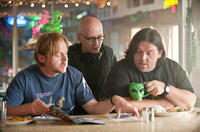 Simon Pegg, director Greg Mottola and Nick Frost on the set of "Paul."