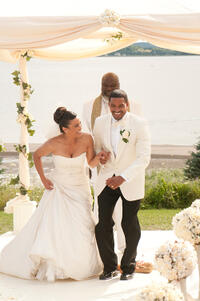 Paula Patton as Sabrina, TD Jakes as Reverend James and Laz Alonso as Jason in "Jumping the Broom."