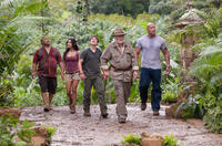 Luis Guzman as Gabato, Vanessa Hudgens as Kailani, Josh Hutcherson as Sean, Michael Caine as Alexander and Dwayne Johnson as Hank in "Journey 2: The Mysterious Island."