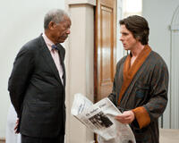 Morgan Freeman as Lucius Fox and Christian Bale as Bruce Wayne in "The Dark Knight Rises."