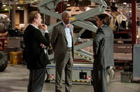 Director Christopher Nolan, Morgan Freeman and Christian Bale on the set of "The Dark Knight Rises."