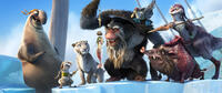 Flynn voiced by Nick Frost, Squint voiced by Aziz Ansari, Shira voiced by Jennifer Lopez, Scrat, Gutt voiced by Peter Dinklage, Silas voiced by Alain Chabat, Raz voiced by Rebel Wilson and Dobson in "Ice Age: Continental Drift."