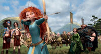 Lord Macintosh and his Son, Young Macintosh, Merida, Wee Dingwall and his Father, Lord Dingwall, Lord Macguffin and his Son, Young Macguffin, Queen Elinor and King Fergus in "Brave."