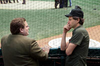 Jonah Hill and director Bennett Miller on the set of "Moneyball."