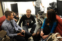 Jake Gyllenhaal, director Duncan Jones and Michelle Monaghan on the set of "Source Code."